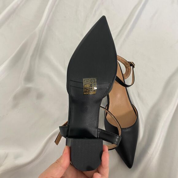 Coquette Black Faux Leather Pointy Toe Block Heel Sling Back Ballerina Heels 8.5 - Picture 5 of 6